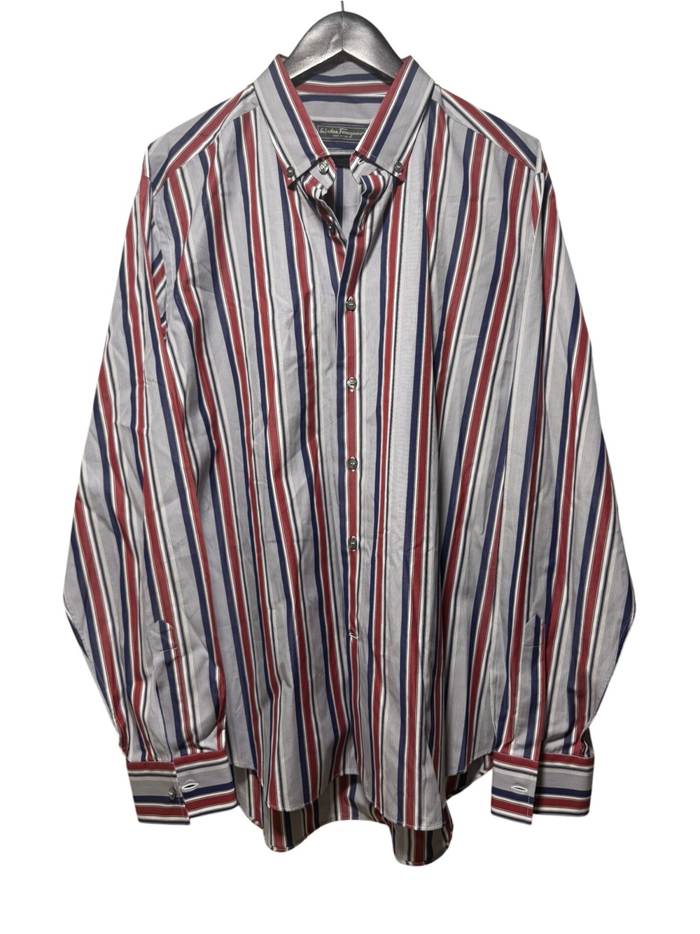 Salvatore Ferragamo Dress Shirt Mens 2XL White Red Blue Striped LS Made In Italy